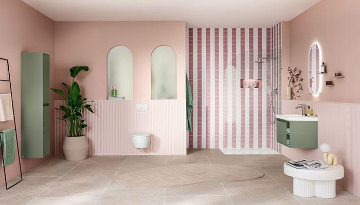 Villeroy & Boch says Skyla is its first collection created for the ‘budget-friendly price segment’. Designed to be adaptable, the furniture is available in 8 colours, including Soft Green, pictured, and comes in a choice of sizes. It is complemented by washbasins with an angular external shale and a gently rounded basin