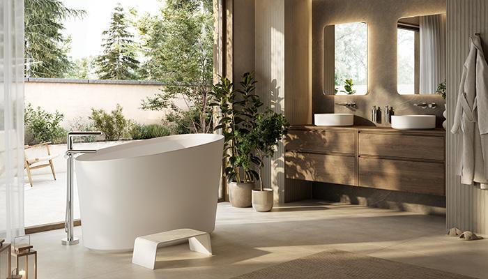 The new Victoria + Albert Kerid bath, which is designed for deep soaking and cold plunging, and is suitable for indoor and outdoor installation. Compact, with high walls and a raised seat on the base, it is designed for seated bathing, with immersion up to the chest