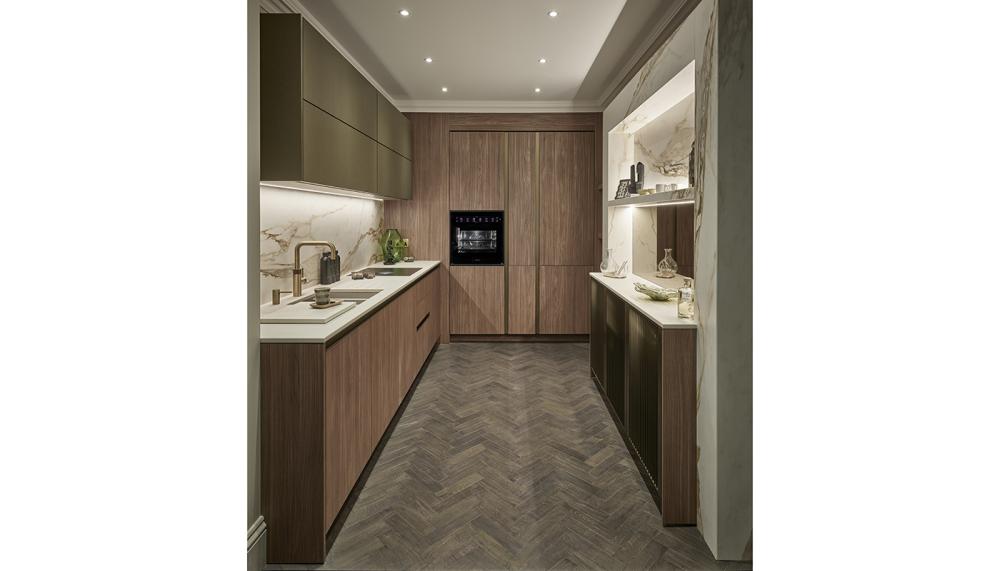Grid Thirteen’s new SieMatic SLC kitchen display on the studio’s first floor shows contrasting materials and finishes for a modern aesthetic look. Photo credit: Andy Haslam