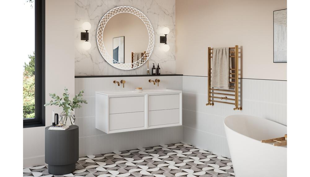 Pictured in the recently launched Matt White finish, this 4-drawer wall-hung vanity unit with inset ceramic basin is part of the bestselling PUSH modular furniture range from Bathrooms to Love by PJH. Also available in floorstanding options with tapered, decorative legs, this handleless range includes a tall unit and WC unit