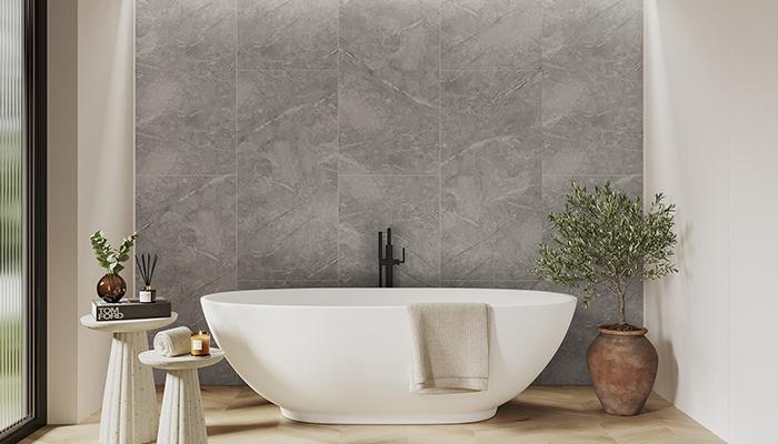 Perfect for creating spa-inspired bathrooms, Multipanel’s new XL Offset panels embrace the staggered tile trend. These large-format 590mm x 2400mm grout-free panels come in four elegant marble decors, including Valmasino Marble, pictured