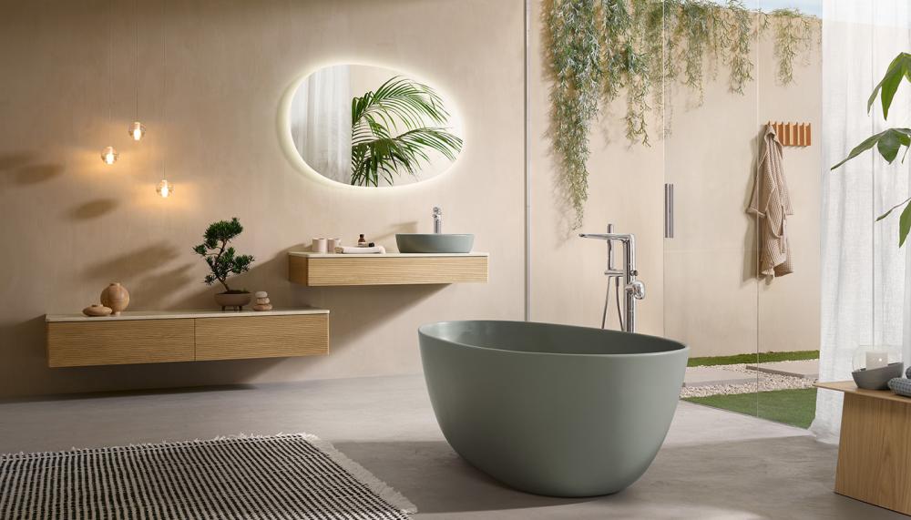 Villeroy & Boch says that its nature-inspired Antao range was influenced by the organic shape of a dewdrop and designed to create a ‘harmonious feeling’ among users. Pictured in Morning Green is the freestanding bath and countertop basin
