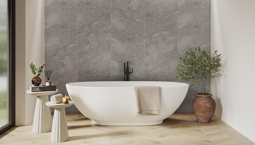As well as creating a relaxing spa-like aesthetic, Multipanel’s XL Offset grout-free waterproof wall panels are easy to wipe clean and are resistant to mould for a more hygienic finish. They are available in four marble décors including Valmasino Marble, pictured