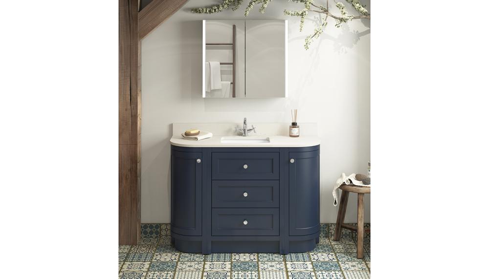 Atlanta Bathrooms has recently expanded its modular furniture offering with Herrington, a classic range characterised by curved units and ceramic basins. Pictured in Baltic Blue is the 1200mmW x 827mmH x 458mmD floorstanding vanity unit with undermount basin