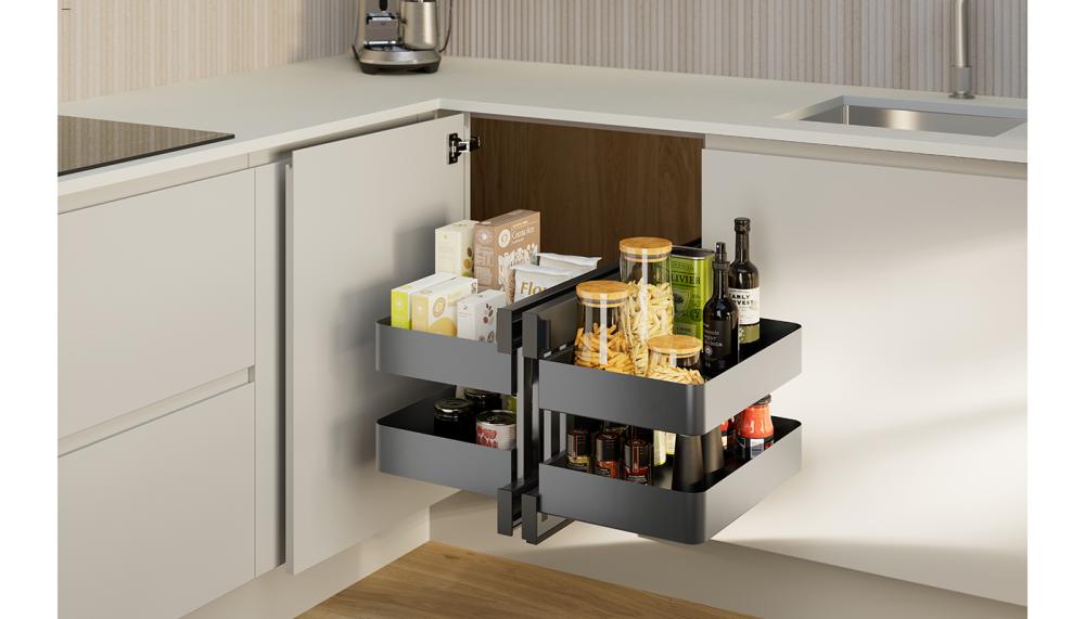 LochAnna Kitchens' Tupsley collection, pictured here in Limestone, features plenty of practical storage including this clever corner solution