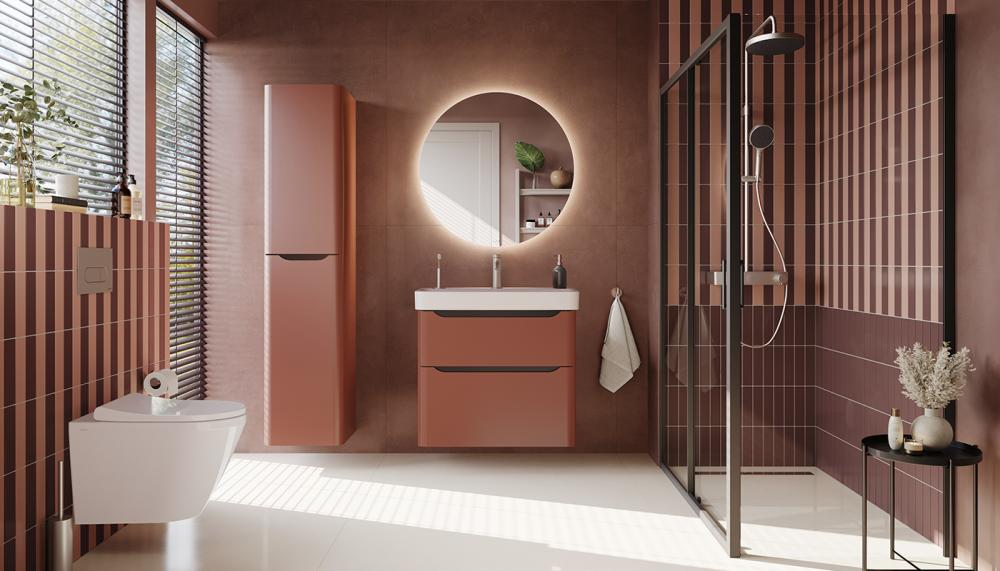 Just launched, VitrA’s new accessibly priced Sareta range comes in contemporary Round and Square styles and a choice of 6 finishes, including Matt Terracotta, pictured. Characterised by its seamless, handleless profile, the wall-hung units can be specified in a range of standard and compact sizes