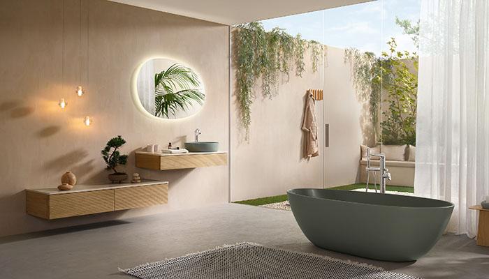 Villeroy & Boch's Antao surface-mounted washbasin in Morning Green, and Antao freestanding bath in Morning Green