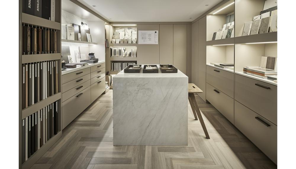 Grid Thirteen’s new Sample Room on their lower-ground floor provides a welcoming and private space for clients to view project mood-boards as well as explore different materials, textures and tones with their designer. Photo credit: Andy Haslam