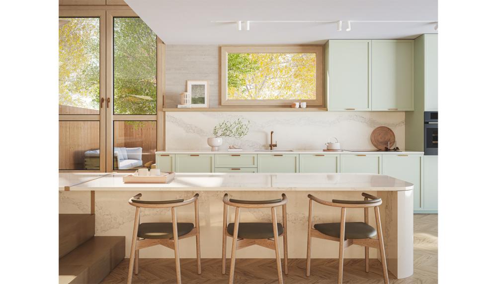 Functional cooking space and dining area are clearly zoned in this images showing 5115 Calacatta Stillstorm by Caesarstone