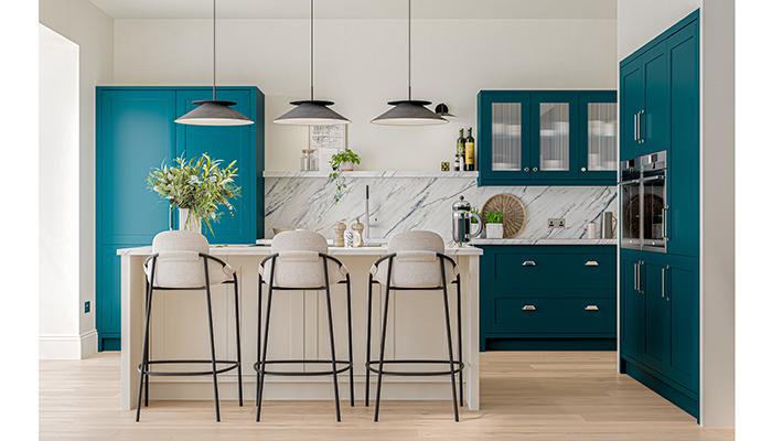 Second Nature's Hunton kitchen – a contemporary take on classic Shaker – is shown here in Majestic Teal and Dove Grey