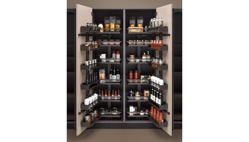 This double deluxe pantry larder unit from H&auml;fele UK&rsquo;s Utensio range in gunmetal grey features pull-out and swing-out solutions that prioritise full-extension movement with a total load bearing capacity of 125kg when in a 10 basket configuration of door and inner baskets