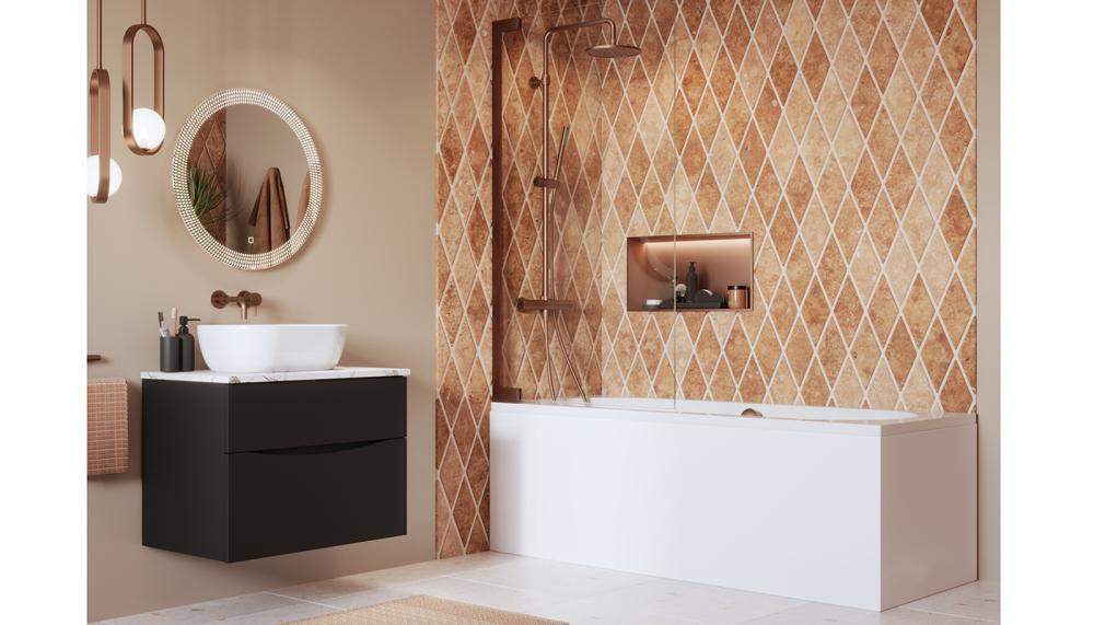 Designed to pair seamlessly with its brassware solutions, Crosswater’s Tranquil Lights collection is available in six metallic finishes. Pictured in Brushed Bronze is the Tranquil Pendant Light. Additional lighting is provided by the Canvass illuminated mirror and Shower Niche with LED