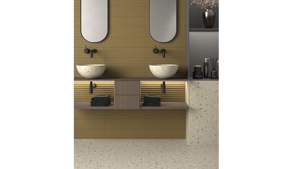 IMA Mostaza and Fragmenta Arena Tiles by Dune Cer&aacute;mica (www.duneceramics.com)