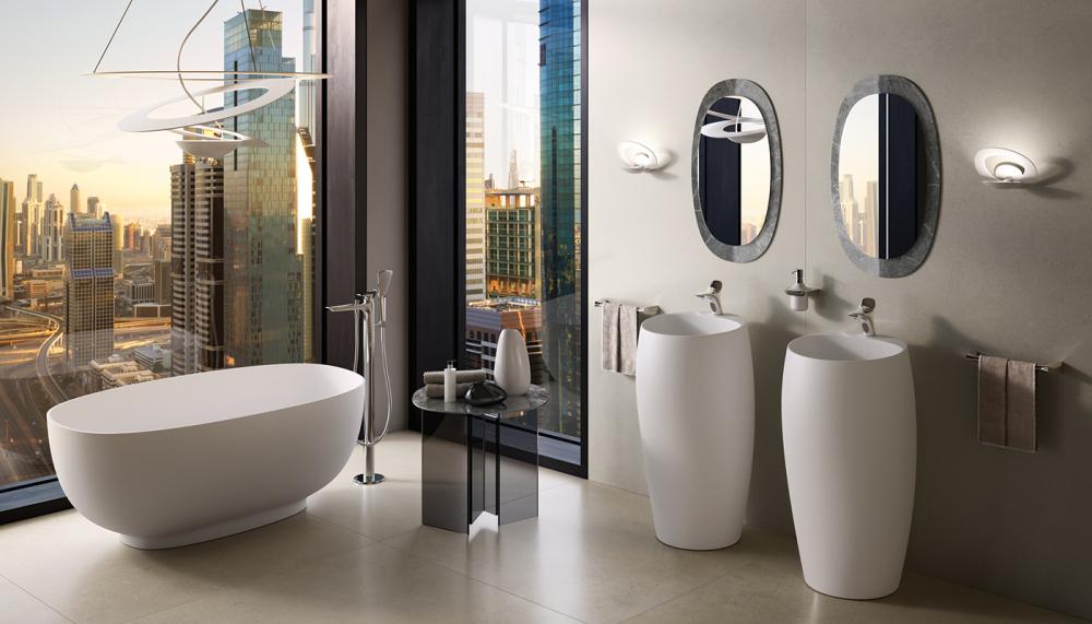 Created in collaboration with Italian designer Giuseppe Maurizio Scutellà, RAK-Cloud is a luxurious range designed for relaxation and indulgence. It features double-ended freestanding bathtubs and floorstanding washbasins in Matt White or Glossy Alpine White