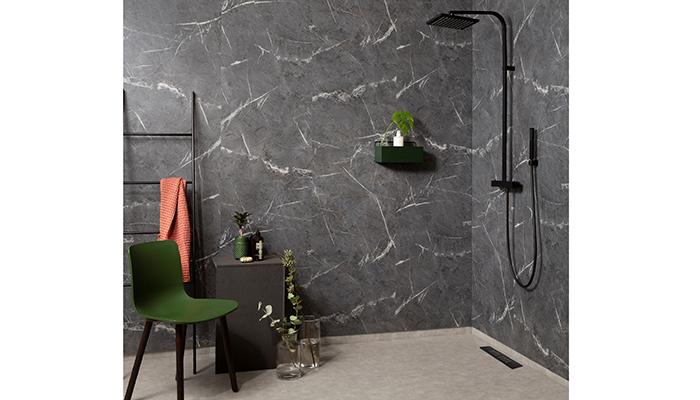Perfect for injecting darker tones into bathrooms and embracing the trend for stone-effect surfaces, these Marble Tile Effect Wall Panels in Black Marble from Fibo have a silk finish and are available in the UK through PJH