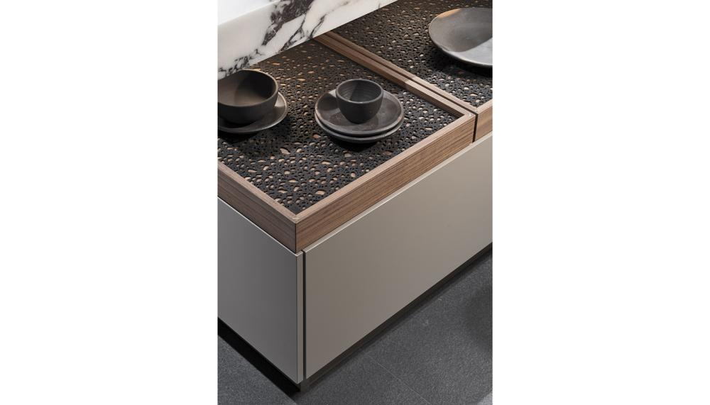 Laser-cut leather in-lays within the drawers in this +MODO kitchen add a luxurious touch and prevent delicate items from moving around when drawers are opened
