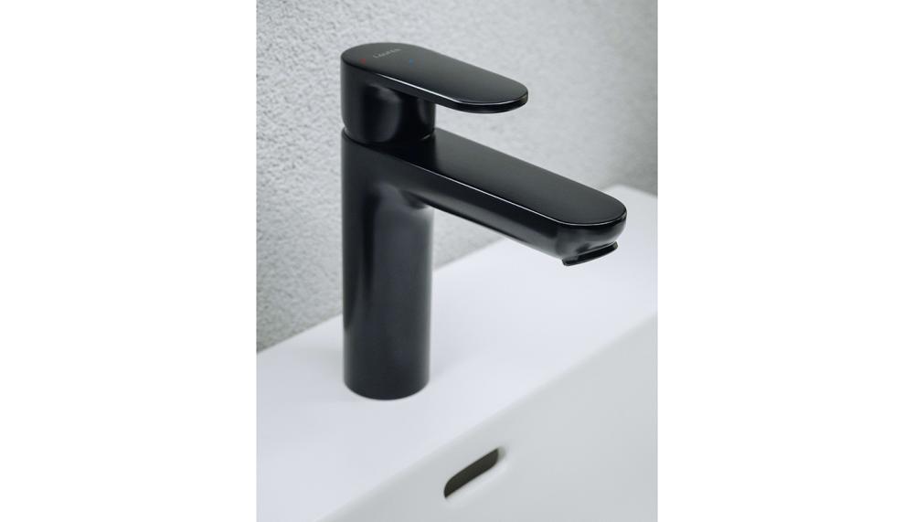 Available in matt black, pictured, and chrome, PRO X taps have a linear aesthetic and ergonomic handles for precise water flow and temperature control