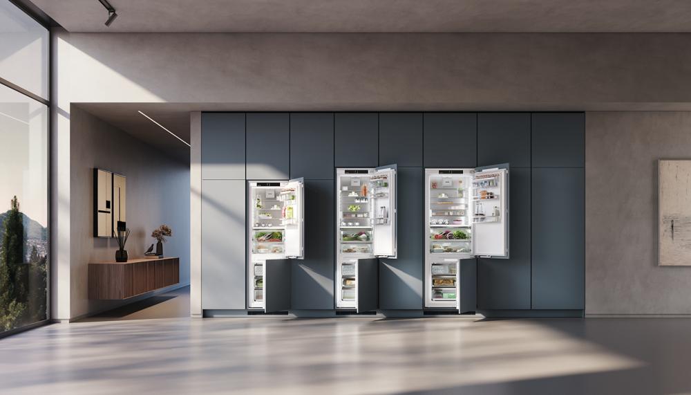 Liebherr's XL and XXL integrated fridge-freezers maximise internal capacities ideal for larger households and high volume groceries requirements. The XL range is 60cm wide and the XXL range offers an extended 75cm width. The ‘VarioTemp’ option means the freezer compartment can be converted into standard refrigerator space or lower-temperature cellar storage