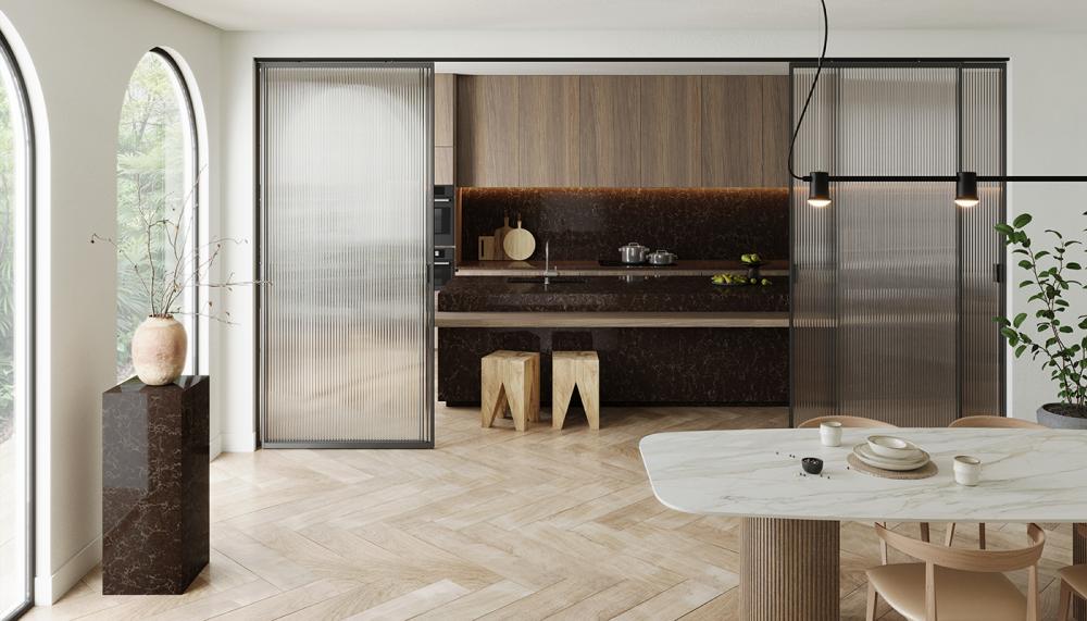 Caesarstone 6338 Woodlands quartz surface combines with bespoke 506 Mirabel porcelain dining table