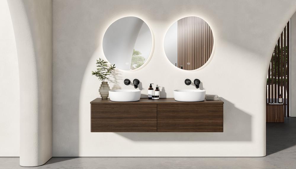 Designed to be arranged in flexible combinations, the floating, wall-mounted units within Villeroy & Boch’s nature-inspired Antao collection come in 9 finishes, including Warm Walnut, pictured. They are available in a variety of sizes and configurations and with or without a textured front