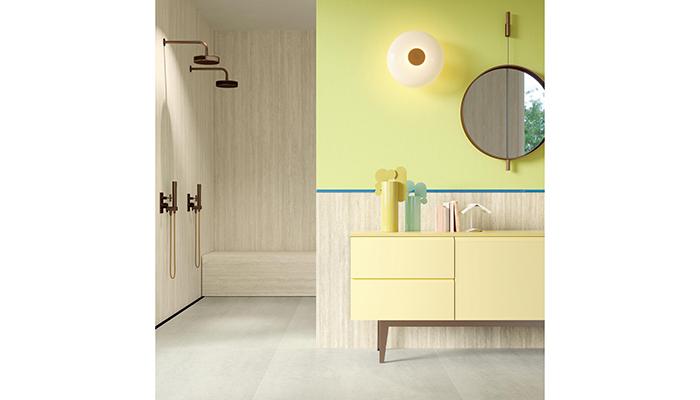 Laminam's Hado Travertino Bianco in a Rain Finish