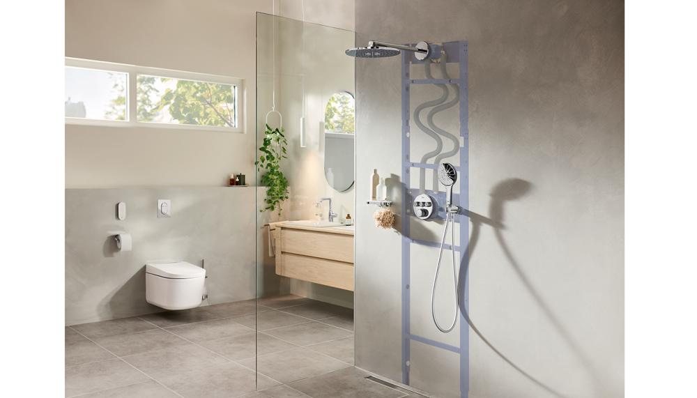 The Rapido shower frame from GROHE includes pre-assembled mixed water pipes and concealed elements, along with a factory-conducted leak test, to significantly reduces installation errors and lower the risk of future issues