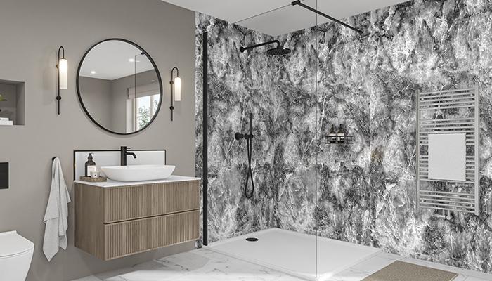 Part of Wilsonart’s Wetwall Elite Collection, the grey and white marble-effect Onyx Grigio wall panels use advanced print technology to create intricate veining that replicates the look of natural materials