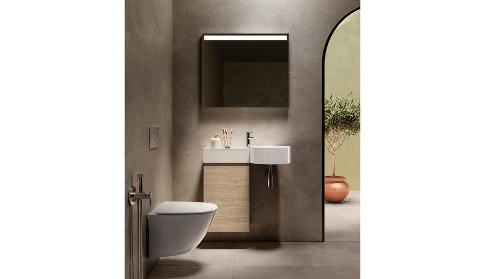 Designed for small and awkward-shaped bathrooms, RAK Ceramics’ Round RAK-Petit washbasin is available with a 400mm wall-hung unit, pictured here in Scandinavian Oak. As the unit is positioned under the shelf rather than the basin, it doesn’t have to accommodate any plumbing, providing more usable storage space