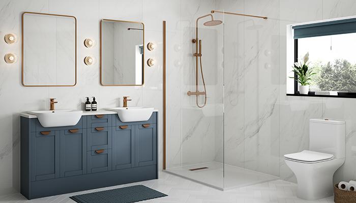 Available exclusively in the UK through PJH’s Bathrooms to Love collection, Fibo wall panels come in a variety of colours and designs. The Marble Tile Effect Wall Panels in Bright Marble Gloss, pictured, have a high-gloss finish and come with a 25-year warranty