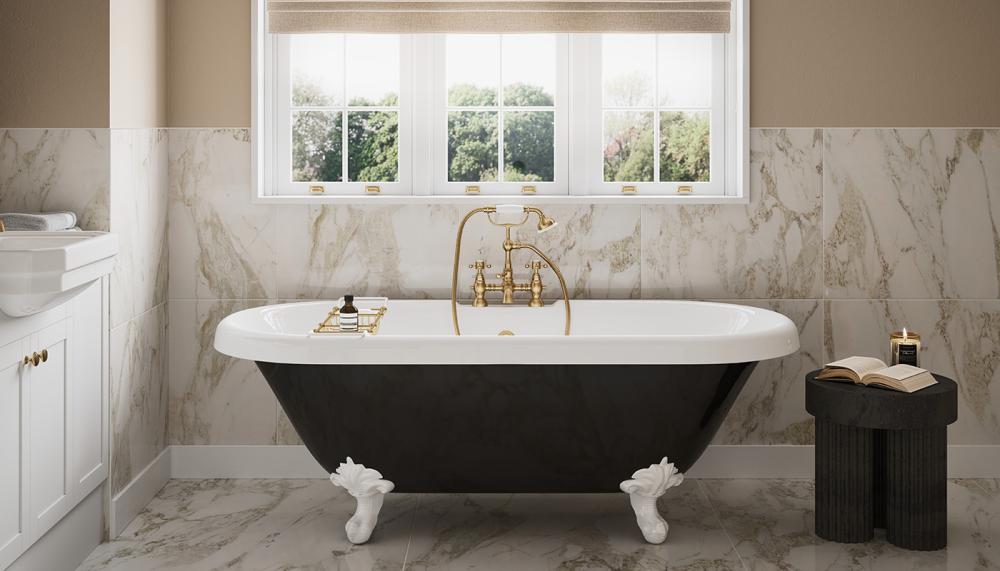 Designed for indulgent bathing, the Richmond Freestanding Bath from Bathrooms to Love by PJH is ideal for monochrome bathroom schemes. It features a double ended design and is available with optional claw feet