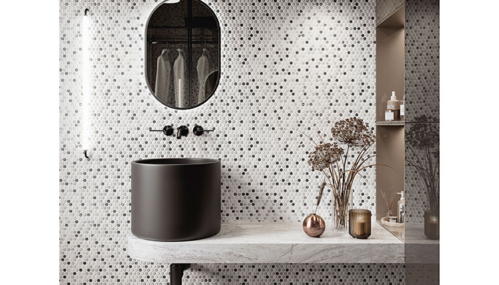 This 30.9x30.9cm porcelain format offers an elegant marble mix of circular tessera. It is just one of many colours, textures and finishes in the Penny Collection by Realonda. www.en.realonda.com