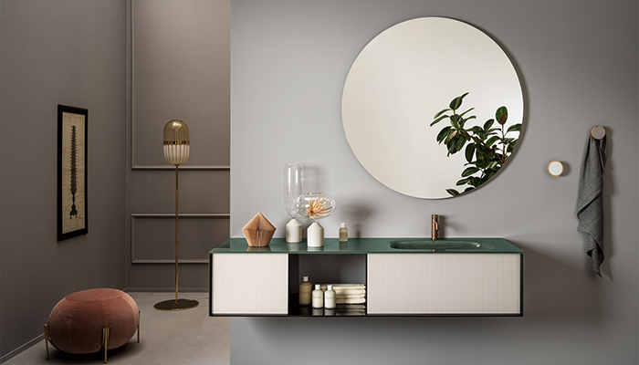 Quadra vanity unit in Smeraldo with fluted Peonia front