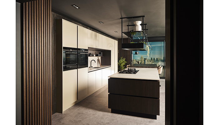 Novus Walnut Island with Painted Sandstone Doors