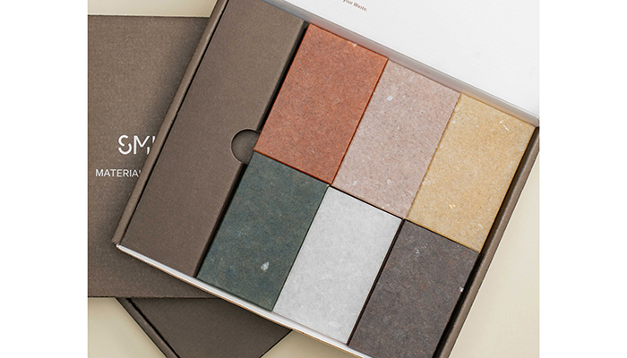 6 colour options in Smile Plastics’ new Earth surface collection, made from recycled plastic