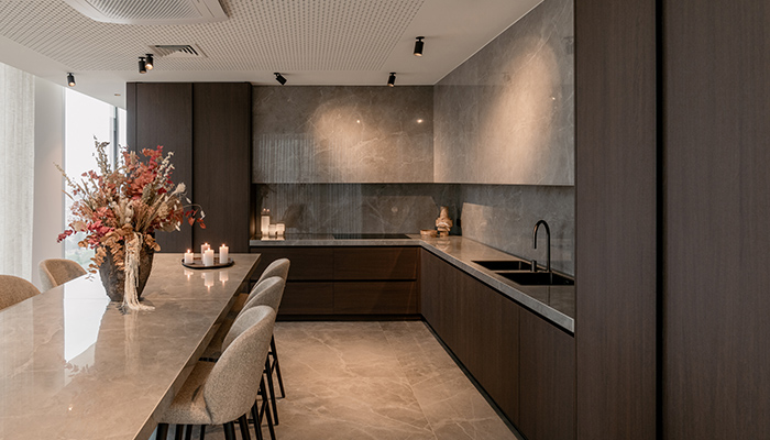 Tall and base cabinets in Unilin Master Oak melamine faced panels, made from 95% recycled wood