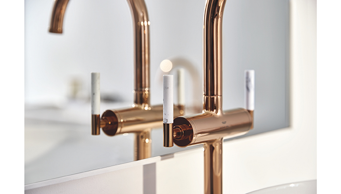 An extension of Grohe’s premium models, Atrio and Allure Brillant, The Private Collection offers customisable design with choice of colour, finish, material, and handle options. Grohe has extended the collection by partnering with Caesarstone to offer options of white or black Caesarstone Quartz knurled knobs or levers in a range of finishes – shown here is Warm Sunset