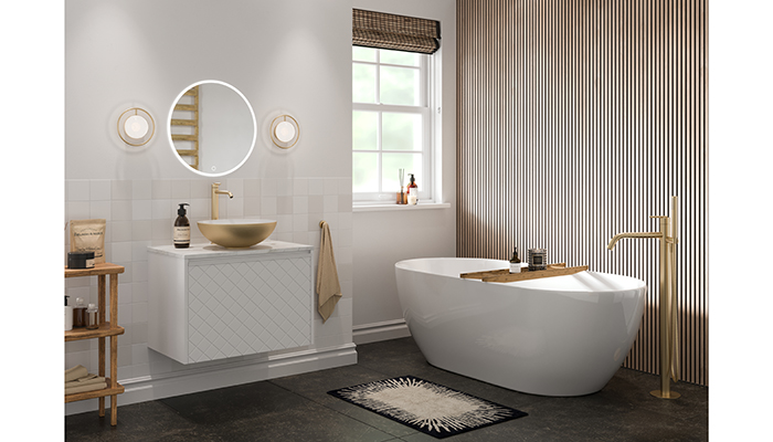 A combination of different textures work together to elevate this simple scheme which champions the ‘less is more’ philosophy. Crosswater’s Halo lights in Brushed Brass offer the perfect finishing touch