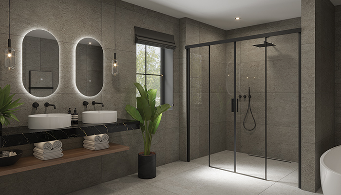 A non-ostentatious take on luxury, Impey’s Aqua-Dec Linear 1 with Brushed Black 800mm drain is complemented by the Sealskin duka acqua 5000 double sliding door 