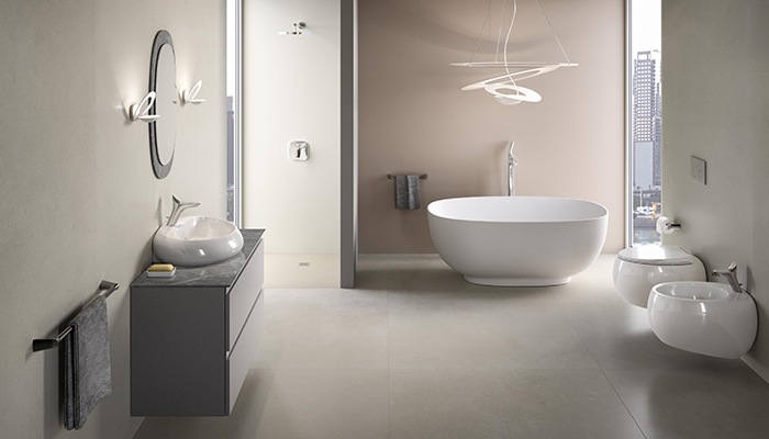 Fluid lines inspired by geometric swirls combined with changing shapes like clouds produce a soft enveloping effect on RAK-Cloud, the designer collection by RAK Ceramics, ideal for creating a sense of serenity and calm in a client’s most personal of spaces
