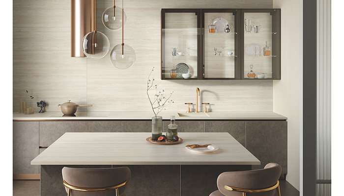 Travertino Bianco, part of the Hado collection creates a warm, welcoming space in this kitchen