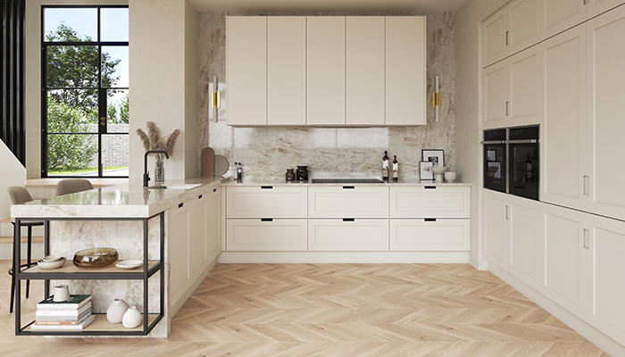 The Hunton kitchen in Porcelain Outline, Second Nature Collection from PWS, includes a narrow surround and a smooth painted finish. This handleless kitchen could be equally at home in a modern or traditional setting