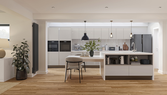 This Furore kitchen collection by Crown Imperial is shown in a Cashmere finish, with a focal dining island featuring Crown Boxworks styled in a complementary mocha. Available in 5 gloss shades, it gives a feeling of space and light for retailers to achieve an elegant design