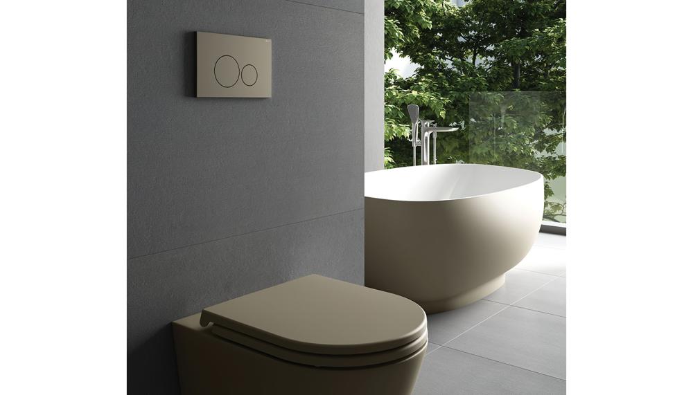 Perfect for creating a sleek and contemporary look, RAK Ceramics’ RAK-Ecofix round push plates are designed to integrate with any style of dual flush system to help reduce water consumption. They come in 8 finishes, including Matt Cappuccino, pictured