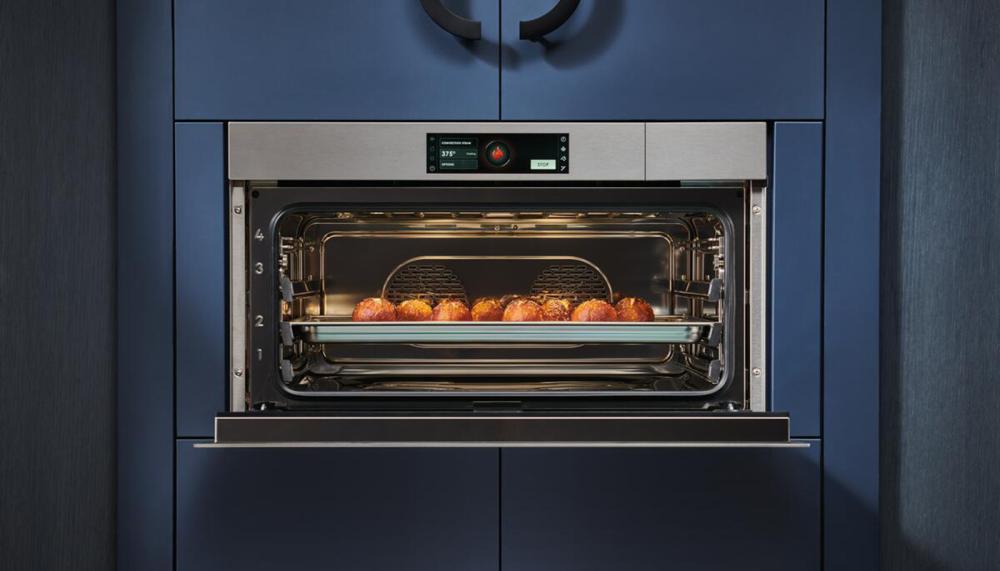 The Wolf 762mm M Series handleless convection steam oven includes steam, convection, slow roast, sous vide, reheat, warm and ‘Gourmet,’ with 1.2-litre water tank for 2 hours of uninterrupted steam cooking – perfect for the more experimental cook