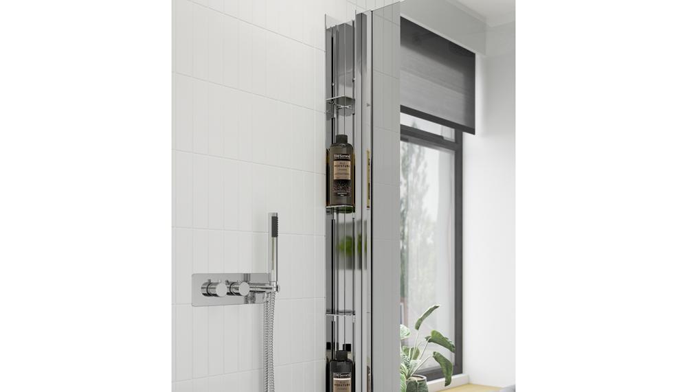 Iconix 'Wet Room Storage Column’ from Bathrooms to Love by PJH includes 5 shelves and a practical external robe hook, and measures 100 x 100mm and is designed to be compatible with wetroom screens a height of 1950mm. Available in Brushed Brass, Chrome and Matt Black to co-ordinate with other metallics in the bathroom
