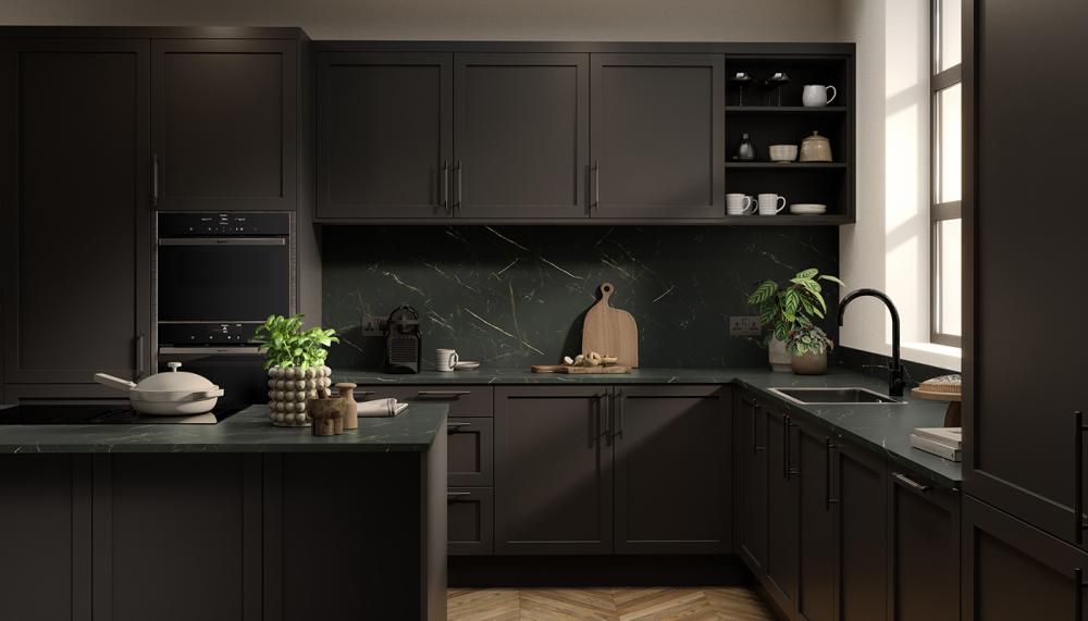 Tapping into the trend for bold worktops, Laurent Marble is a dark and dramatic laminate worktop with striking veining