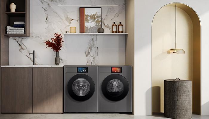 Samsung’s 9kg Bespoke AI Series 9 combination of front-load washing machine with 7-inch LCD screen and touch control with wash, fabric, water and detergent sensor and tumble dry is part of its bespoke AI washing range