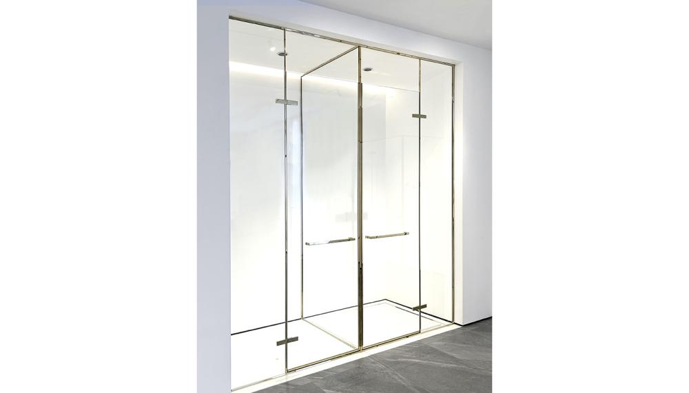 Bespoke Stainless steel shower and WC twin cubicle in Brushed Brass finish, Roman