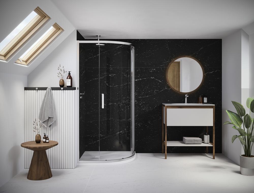 Flair Showers&rsquo; BABY ILI collection features 1800mm-high shower doors, designed specifically for low and sloping ceilings, including sliding quadrant (shown here), bifold, infold or hinge shower doors, ensuring retailers can offer compact shower solutions that are ideal for alcoves
