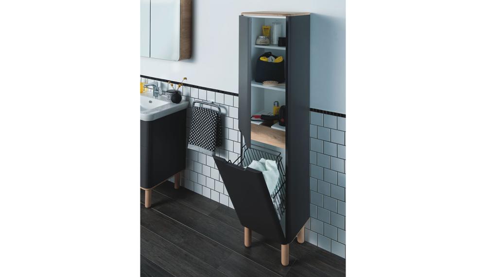 The slimline Sento Matt Anthracite wall-hung tall laundry unit from VitrA is just 400mm wide, making it an ideal option for tight layouts
